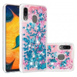 Samsung Galaxy A20e Glitter Liquid Case - Blue Plum Blossom